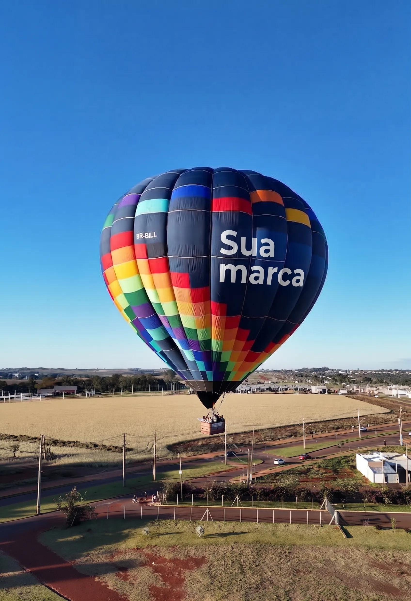 Balão colorido com o espaço 'Sua marca' estampado, voando sobre a cidade